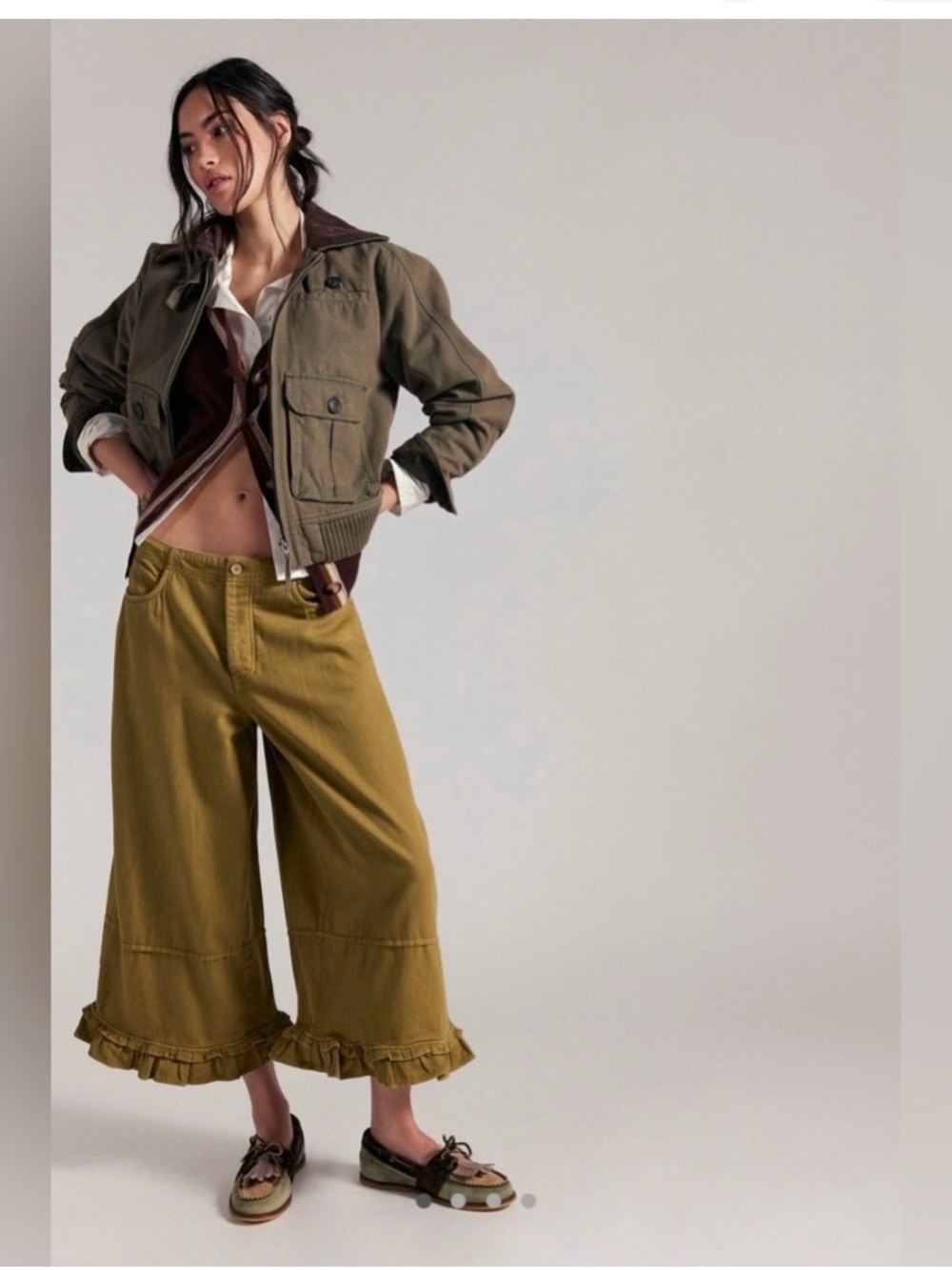 Free People Olive Green Ruffle Hem Cropped Wide-Leg Pants